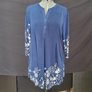 Dark Blue Tunic Dress With Floral Trim By R & B Size XL